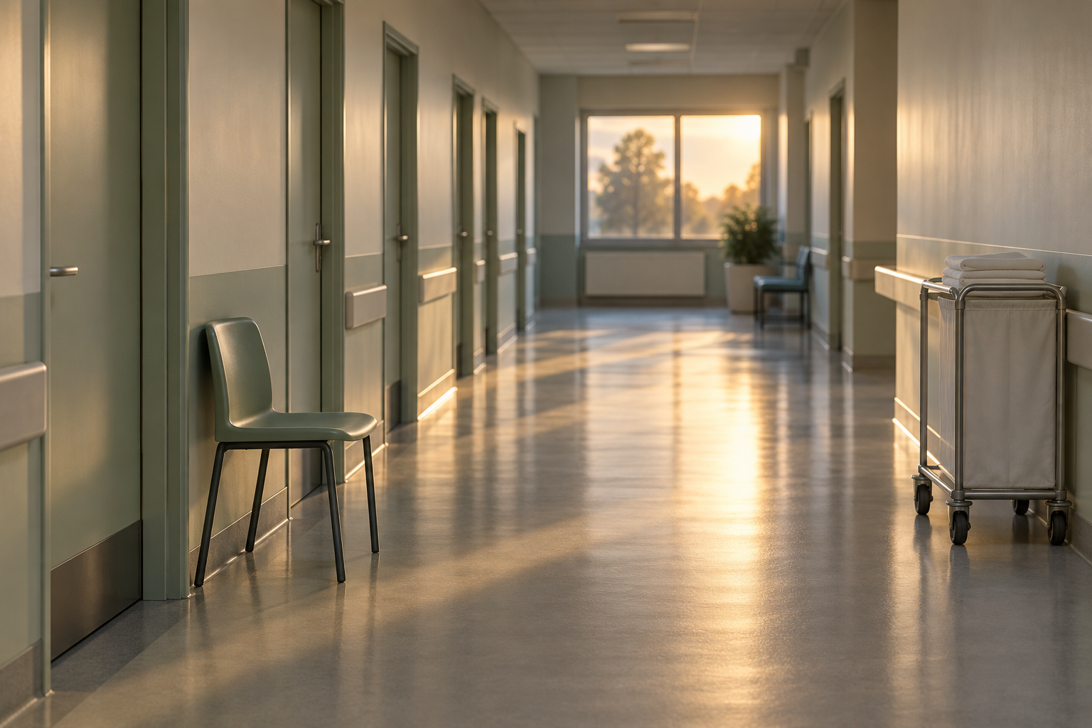 Corredor vazio de enfermaria hospitalar ao fim da tarde, com uma cadeira de plástico encostada na parede ao lado de uma porta fechada.