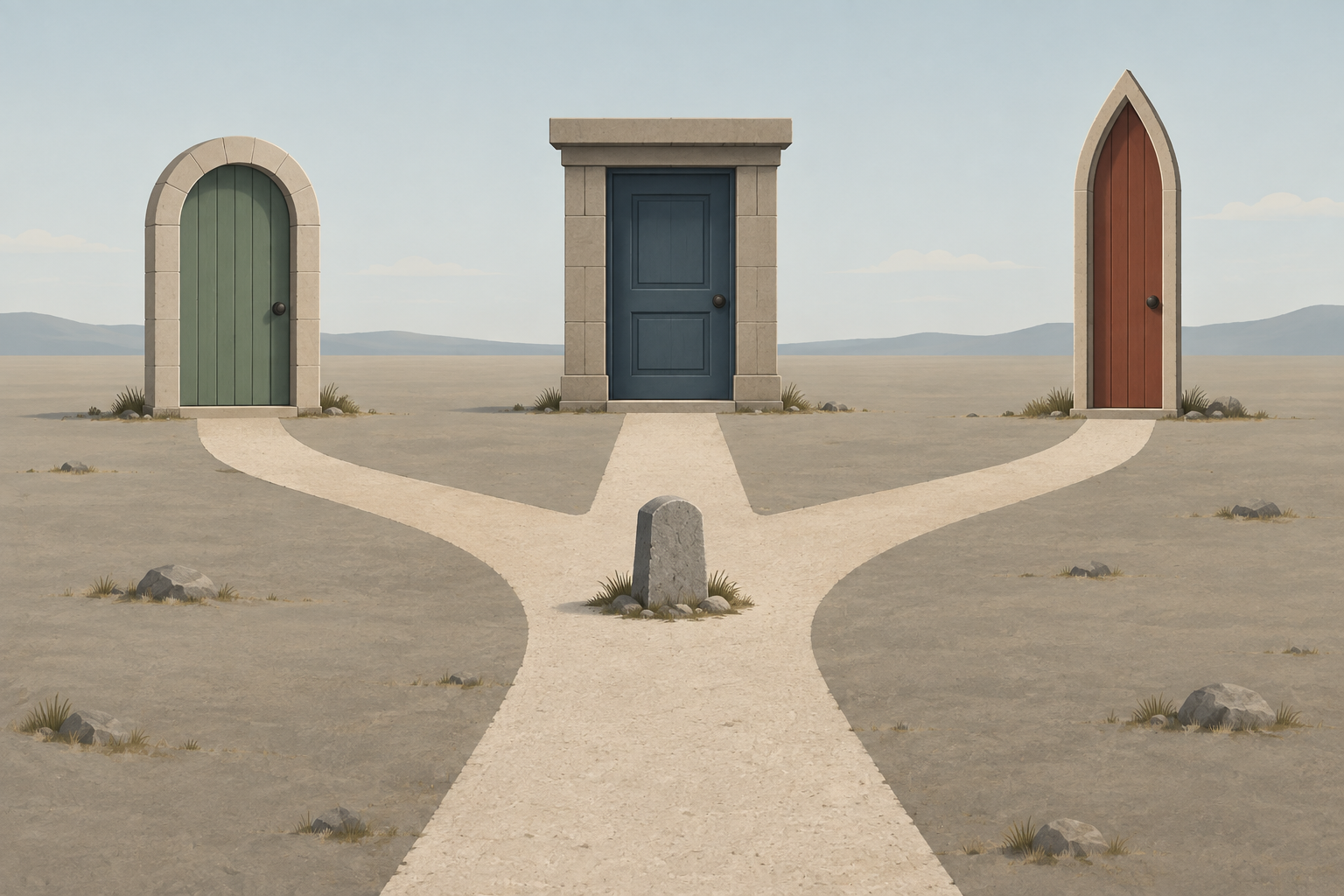 Um caminho único chega a uma bifurcação marcada por um pequeno marco de pedra e se divide em três trilhas, cada uma levando a um portal fechado de forma e cor diferentes.