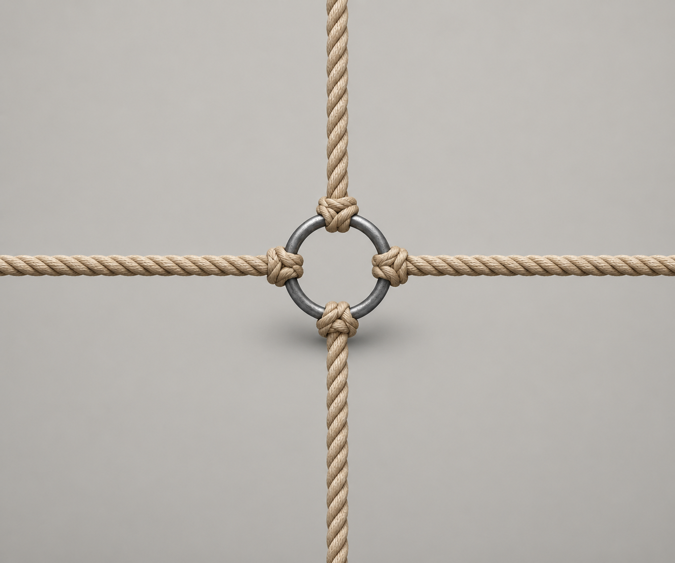 Quatro cordas igualmente esticadas, vindas de quatro direcoes diferentes, presas a um unico anel no centro da imagem; nenhuma esta mais frouxa nem mais grossa que as outras, e o anel permanece parado exatamente no meio.