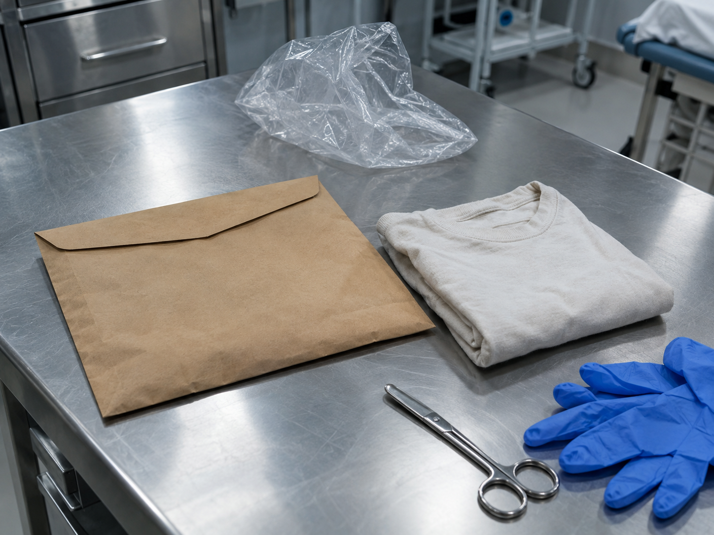 Bancada de aço inoxidável com um envelope de papel pardo fechado ao lado de uma peça de roupa dobrada; ao fundo, afastado e vazio, um saco plástico transparente.