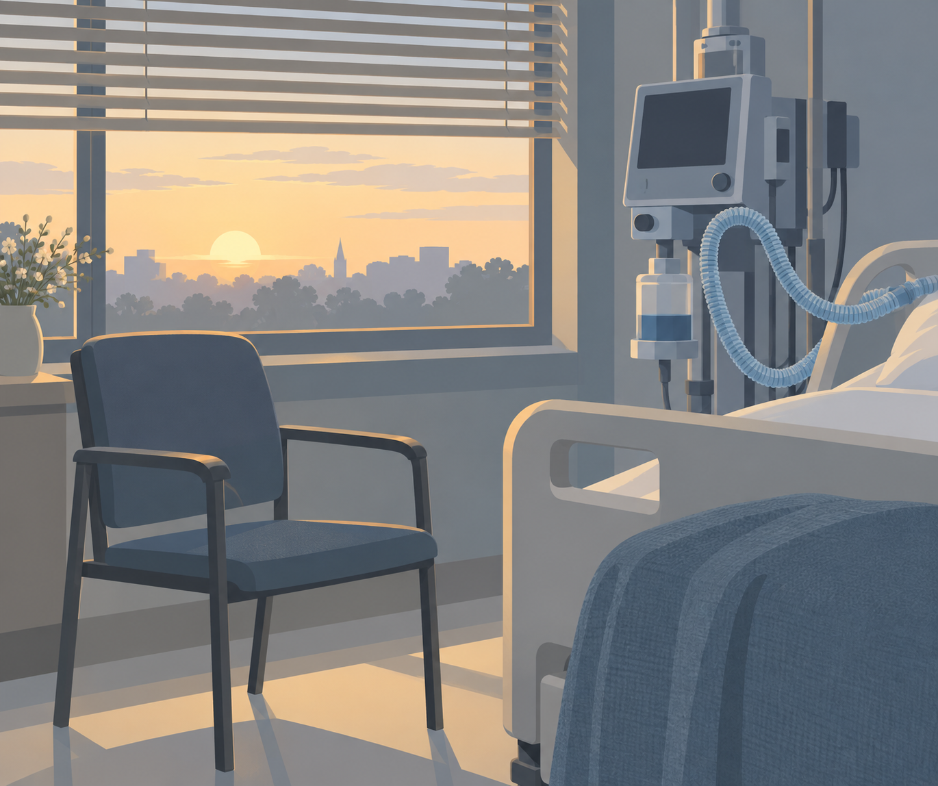 Ilustracao de um leito de terapia intensiva ao amanhecer, visto de lado: uma cadeira de visita vazia encostada na grade da cama, uma coluna de ventilador mecanico com o circuito de tubos ao lado, e persianas entreabertas com a primeira luz da manha. Nao ha nenhuma pessoa na imagem.