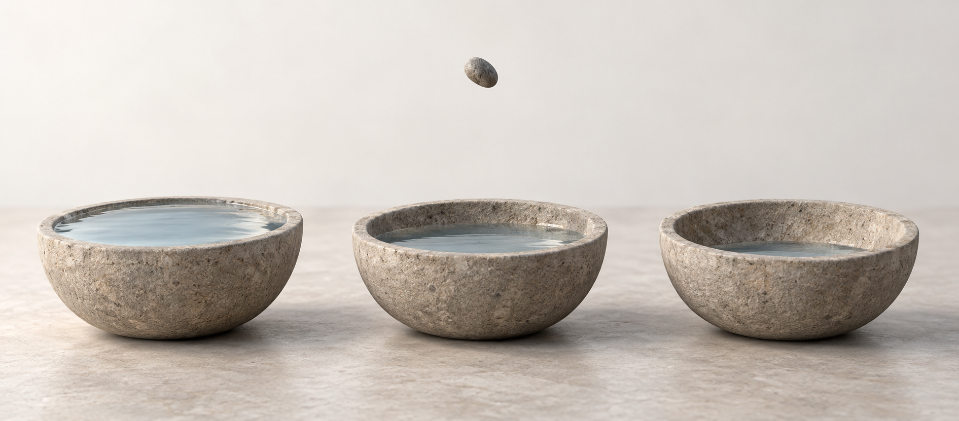 Tres bacias de pedra iguais, lado a lado e sem nenhuma ligacao entre elas, com a agua em niveis diferentes em cada uma; acima, uma unica pedrinha caindo sem que se possa dizer em qual das tres ela vai cair.