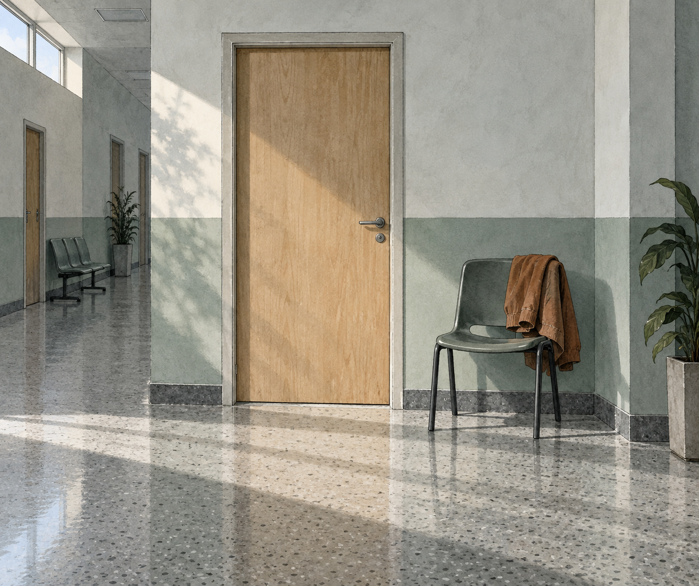 Corredor de unidade de saúde com uma porta de consultório fechada e uma cadeira de espera vazia ao lado dela, com um casaco sobre o encosto.