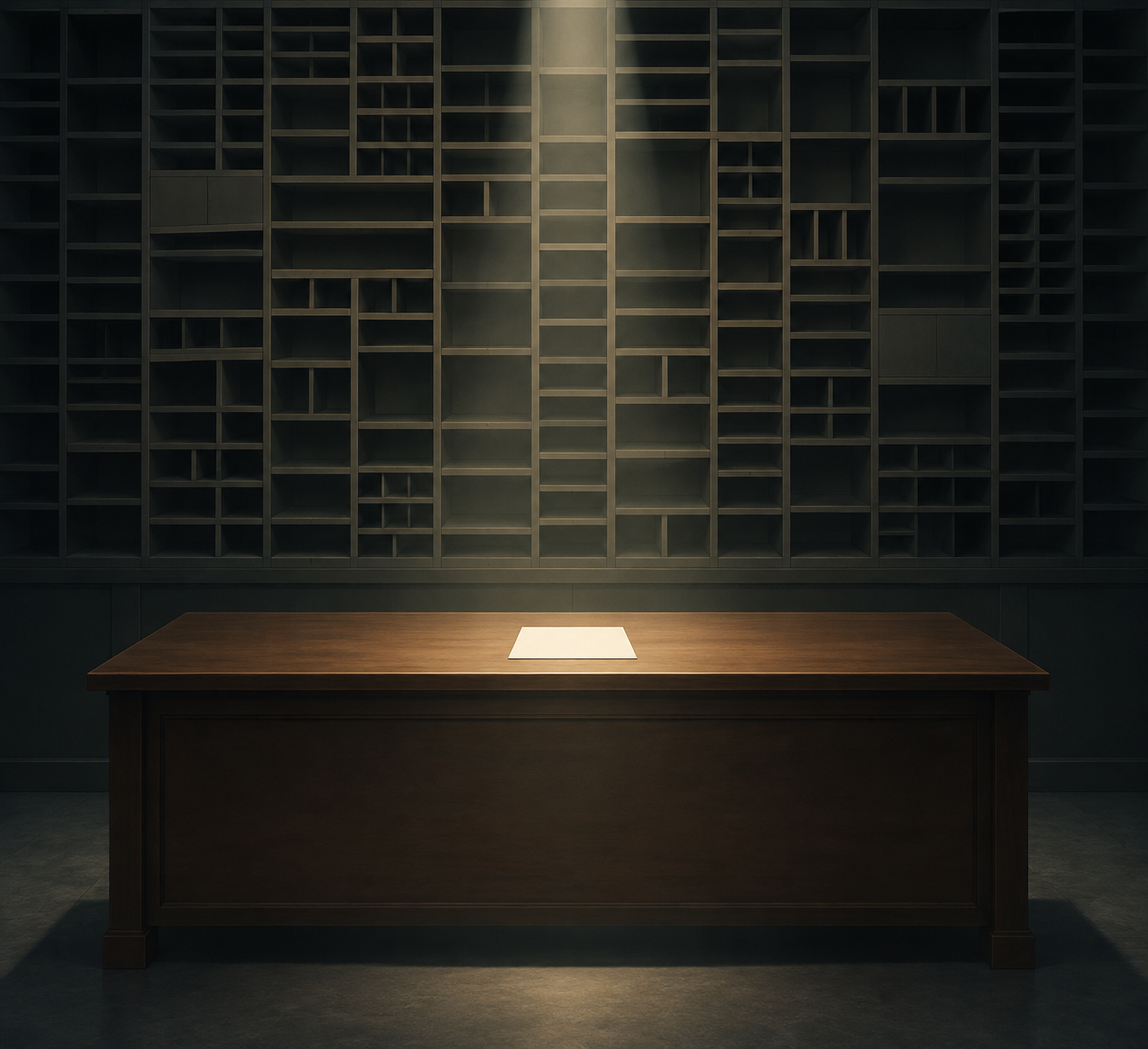 Uma mesa vazia com uma única folha de papel no centro. Atrás dela, uma parede alta coberta por fileiras de escaninhos retangulares de tamanhos diferentes, que se perdem na penumbra. Um feixe estreito de luz ilumina apenas a folha.