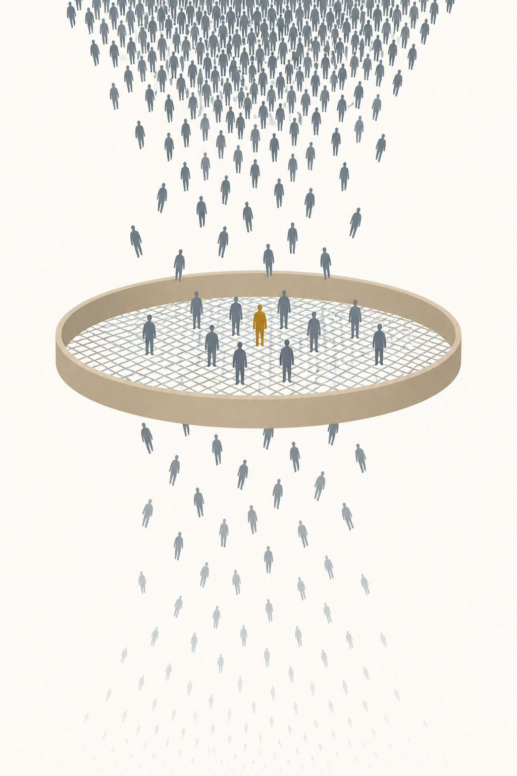 Ilustração vertical. No alto, uma nuvem densa de pequenas silhuetas humanas iguais, todas cinza, caindo. No meio, uma peneira larga e rasa com malha quadriculada. A maioria das silhuetas atravessa a malha e continua caindo abaixo dela. Sobre a malha ficou retido um pequeno grupo de silhuetas: quase todas cinza como as demais, e uma só em cor de destaque.