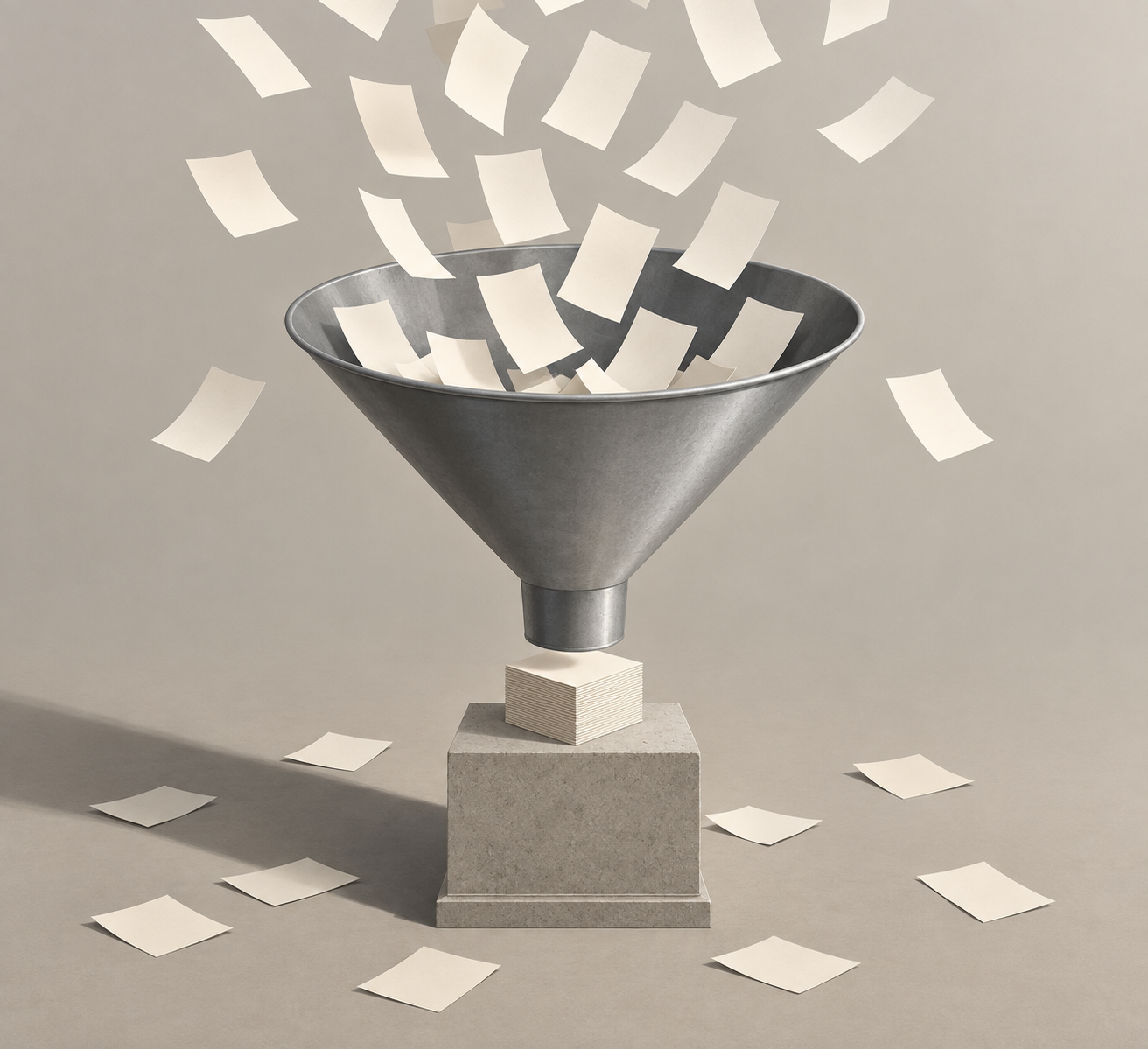 Um funil largo de metal fosco sobre um pedestal de pedra. De cima caem muitas folhas de papel em branco, todas iguais. A maior parte entra pela boca larga do funil; algumas erraram a borda e estão caídas no chão em volta do pedestal. Sob o gargalo estreito do funil, as folhas que passaram formam um único bloco pequeno, denso e retangular.