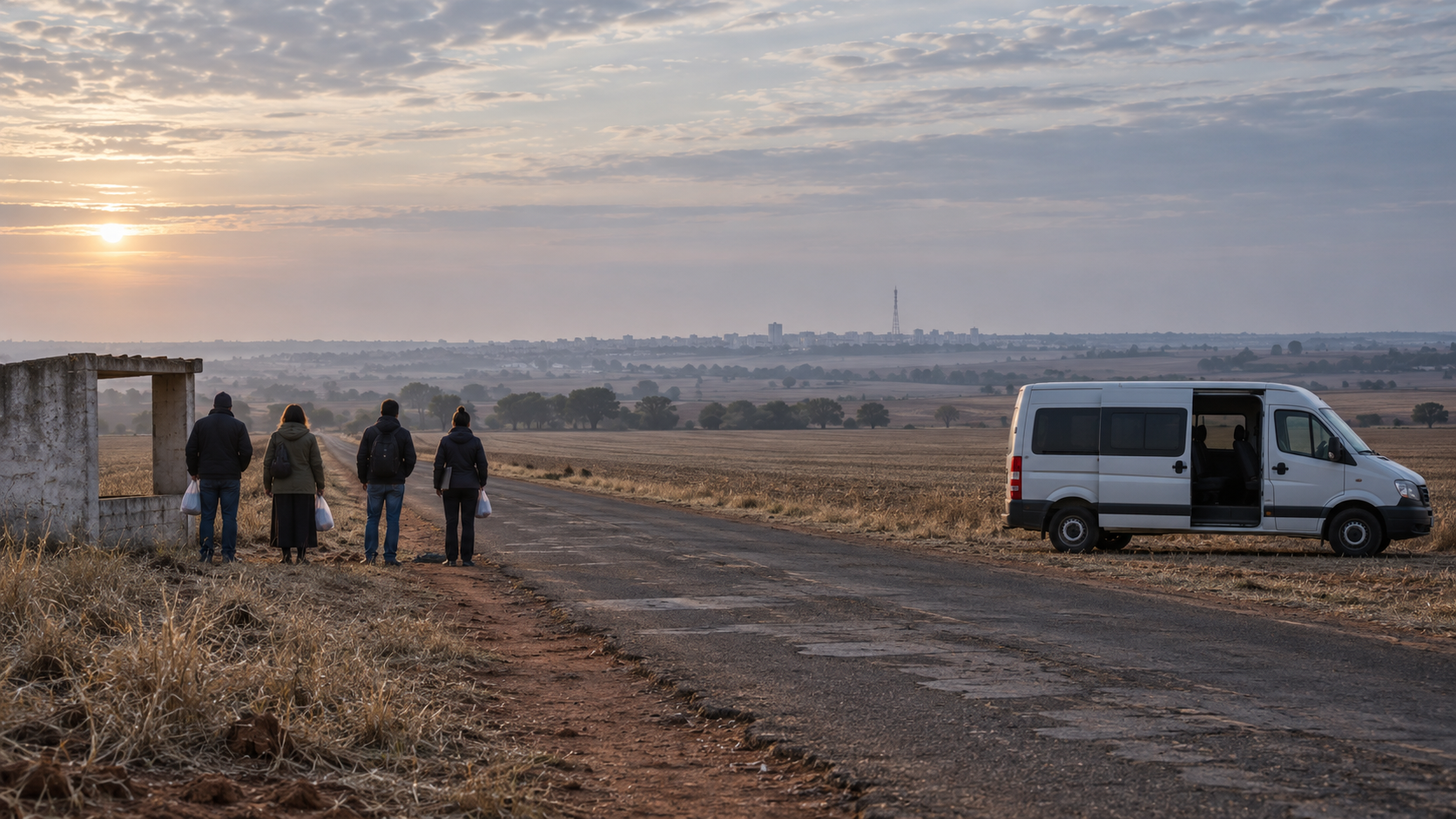 Estrada rural ao amanhecer: quatro pessoas com sacolas esperam de pe num ponto de parada simples, ao lado de uma van branca sem identificacao, e ao longe, no horizonte, ve-se o contorno de uma cidade pequena.