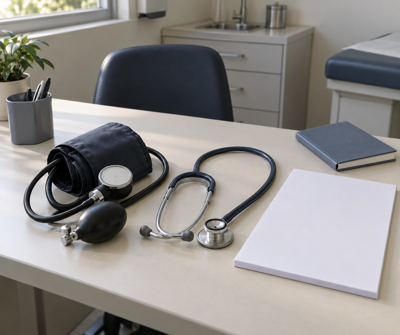 Mesa de consultório com aparelho de pressão enrolado e estetoscópio em primeiro plano e, no canto mais distante da mesa, uma caderneta de capa lisa fechada.