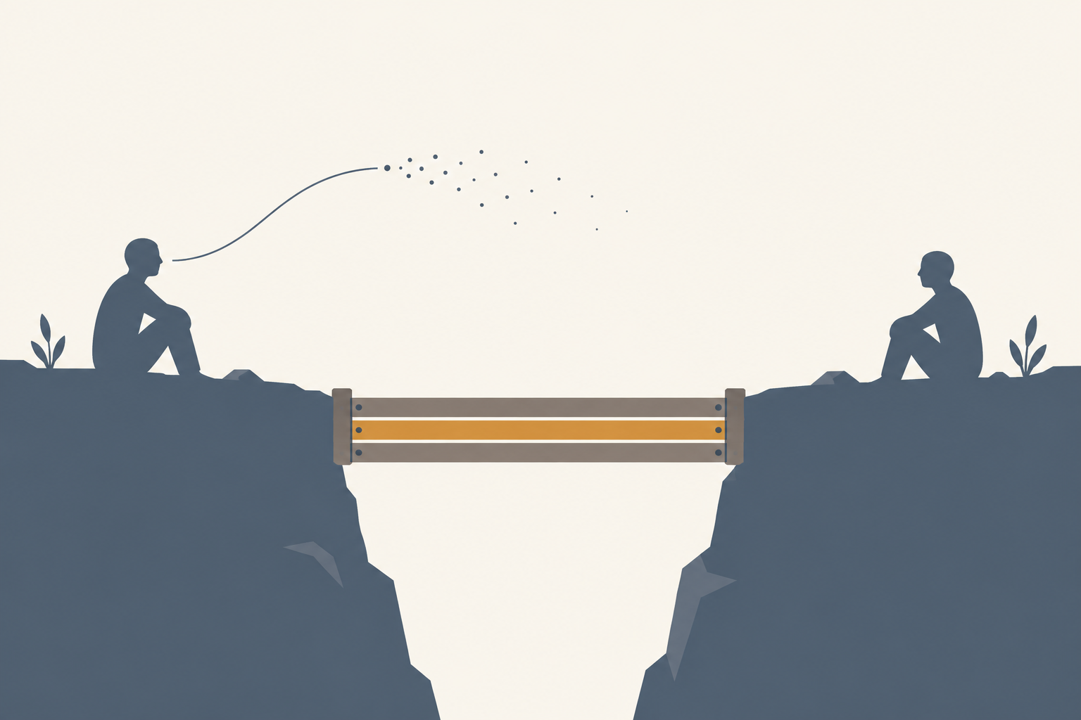 Ilustração horizontal. À esquerda, silhueta humana sentada de perfil; da boca dela sai uma linha fina que atravessa o ar sobre um vão e se desfaz em pontos no meio do caminho, sem alcançar a outra margem. Do outro lado do vão há uma segunda silhueta sentada, voltada para a primeira. Mais abaixo, cruzando o mesmo vão, uma pequena ponte de três tábuas liga as duas margens; a tábua do meio é ocre.
