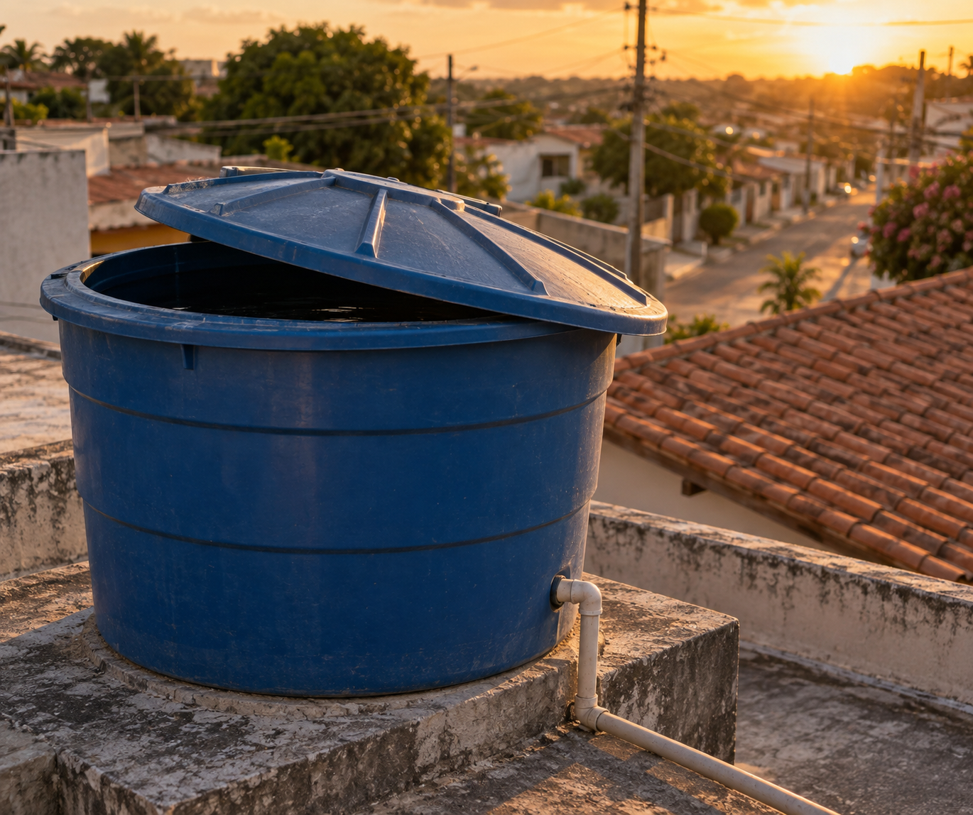 Caixa d'água azul sobre a laje de uma casa simples, com a tampa deslocada deixando uma fresta aberta, e ao fundo os telhados de uma rua de casas baixas.
