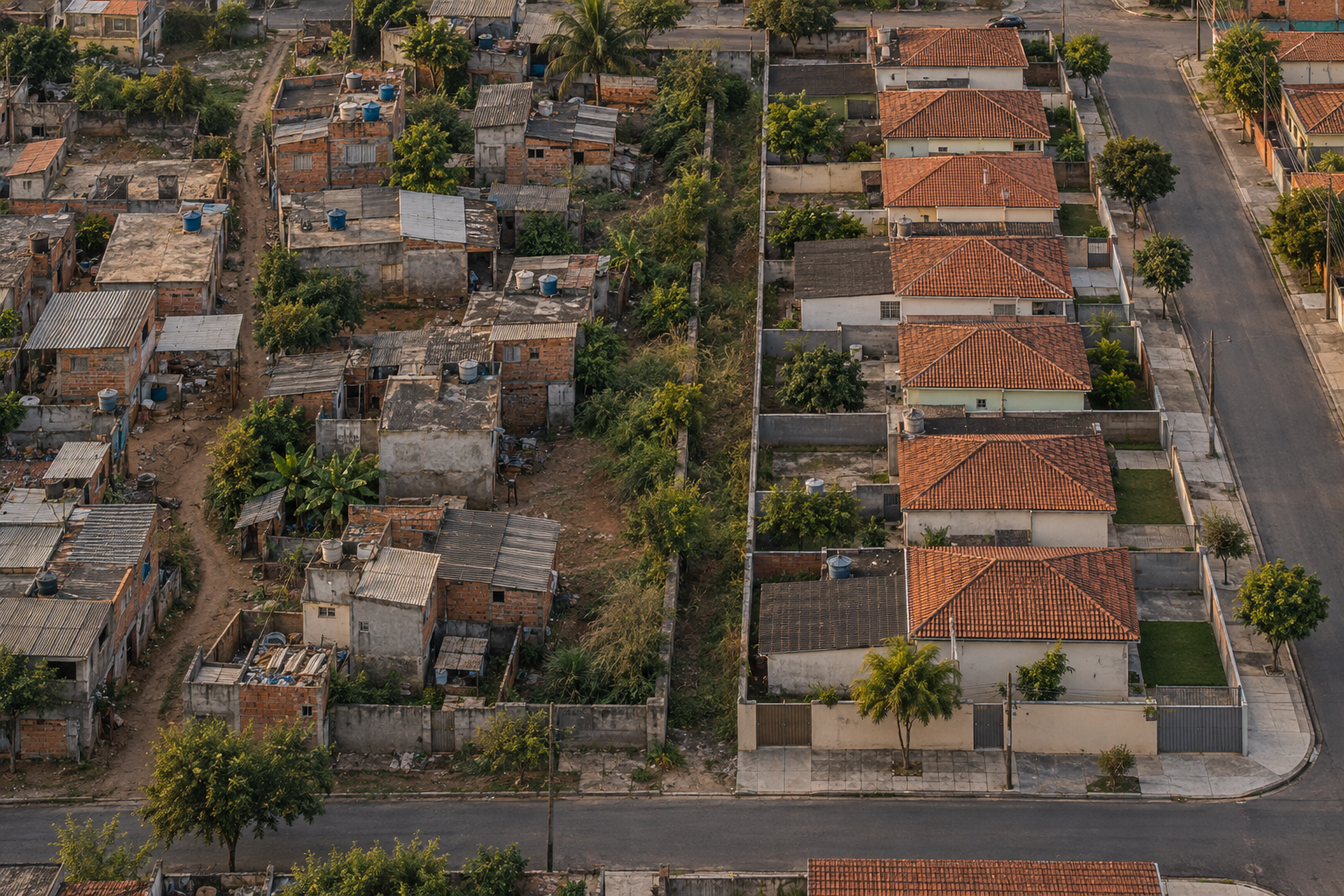 Vista aérea baixa de uma quadra dividida em duas metades por um muro contínuo: à direita, casas térreas alinhadas em rua asfaltada reta; à esquerda, casas autoconstruídas de tamanhos irregulares, lajes com caixas d'água e becos estreitos de terra batida que não seguem o alinhamento da rua.