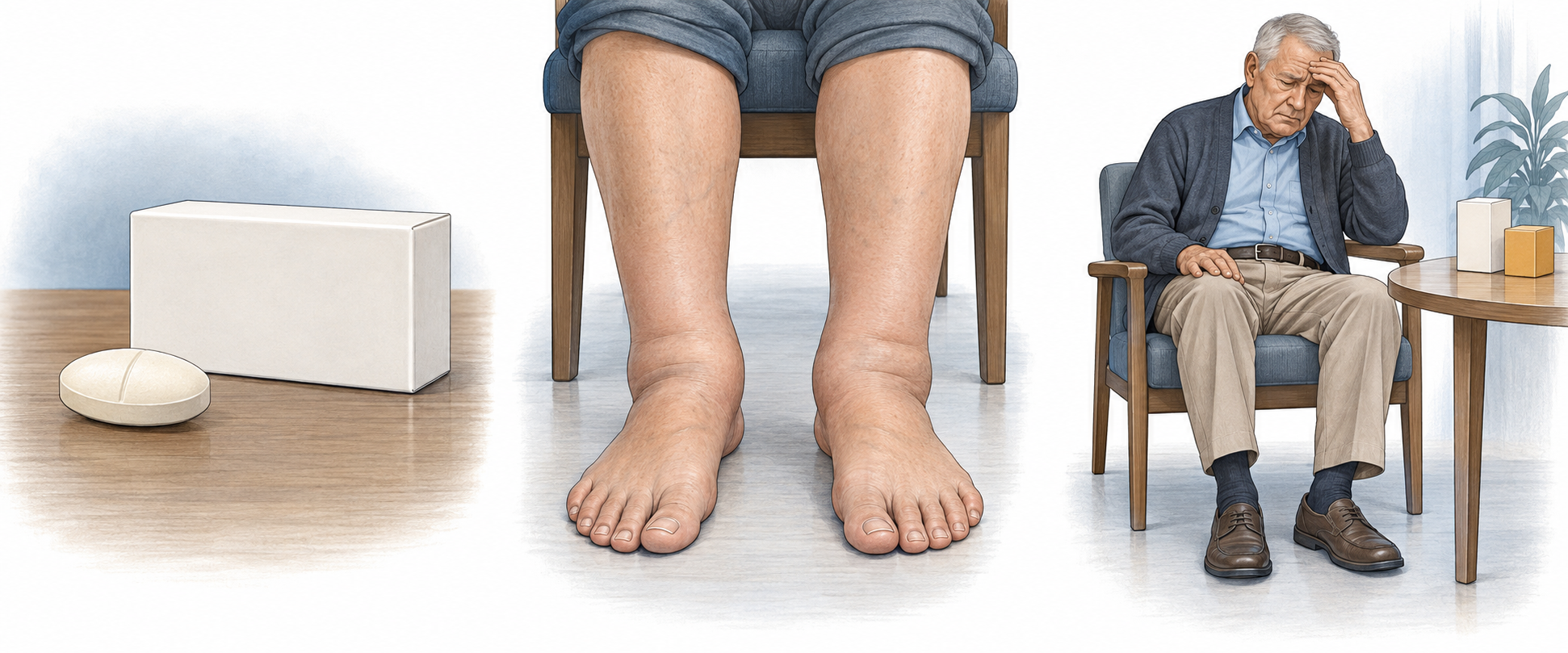 Três vinhetas: comprimido e embalagem; pernas com edema bilateral nos tornozelos; idoso sentado com a mão na testa, ao lado de duas embalagens.