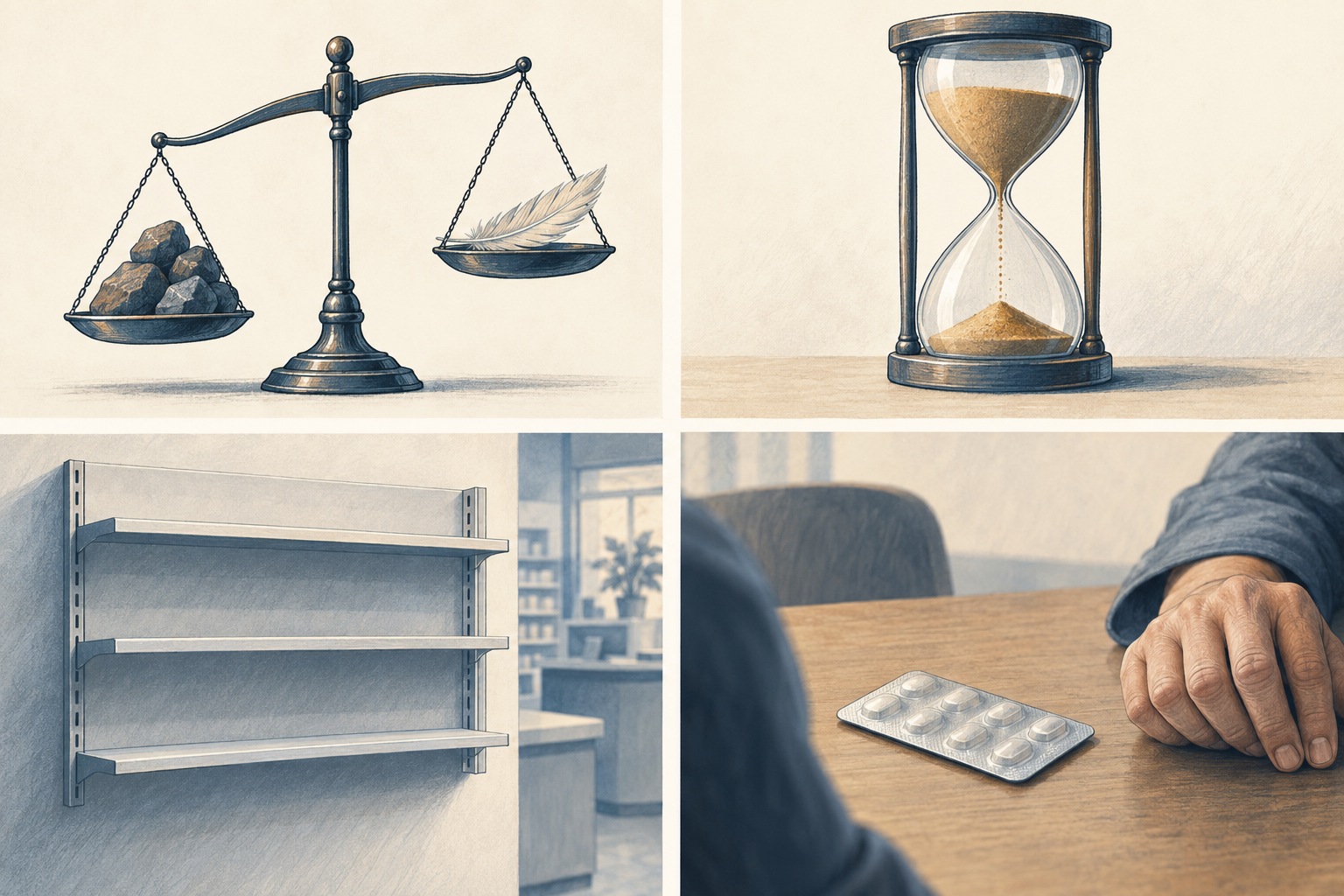 Quatro quadros: balança inclinada, ampulheta, prateleira vazia e comprimidos ao lado de uma mão sobre a mesa.
