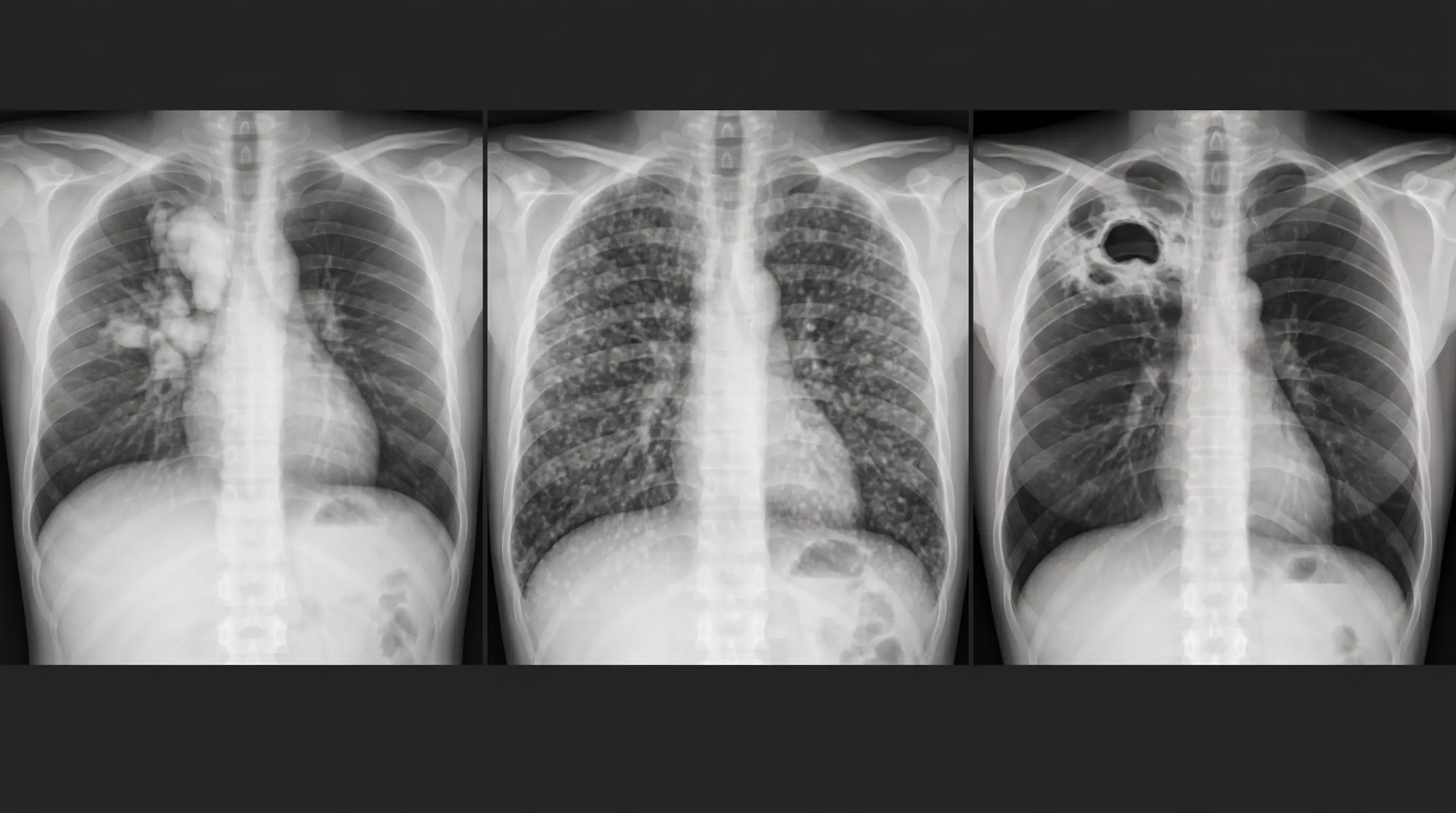 Três radiografias de tórax pediátricas mostram adenomegalia hilar ou mediastinal com consolidação adjacente, padrão miliar difuso e doença cavitária apical em adolescente.