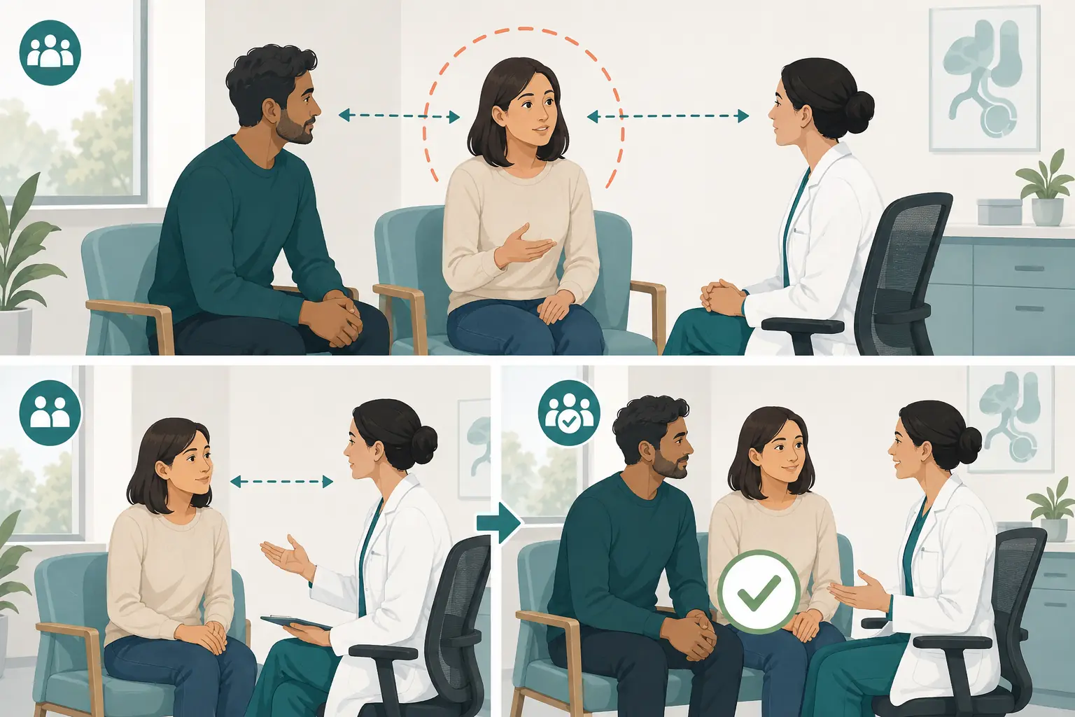 Paciente central em uma consulta com três pessoas.