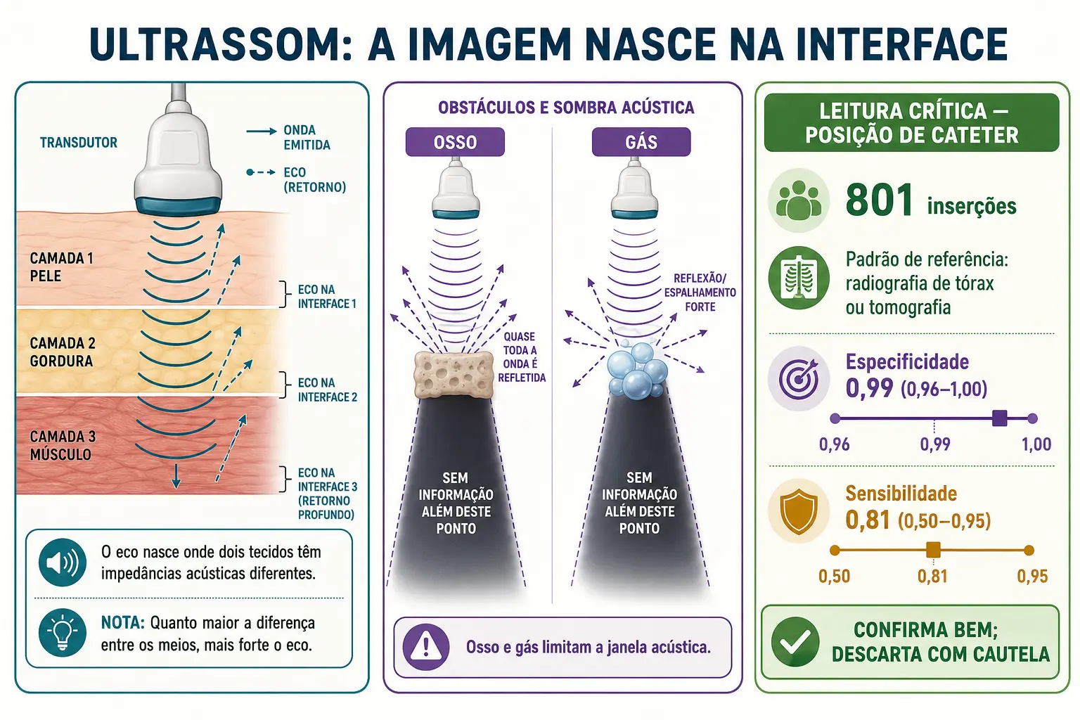 Transdutor com ecos nas interfaces, osso e gás produzindo sombra atrás, e barras de especificidade alta com sensibilidade incerta.