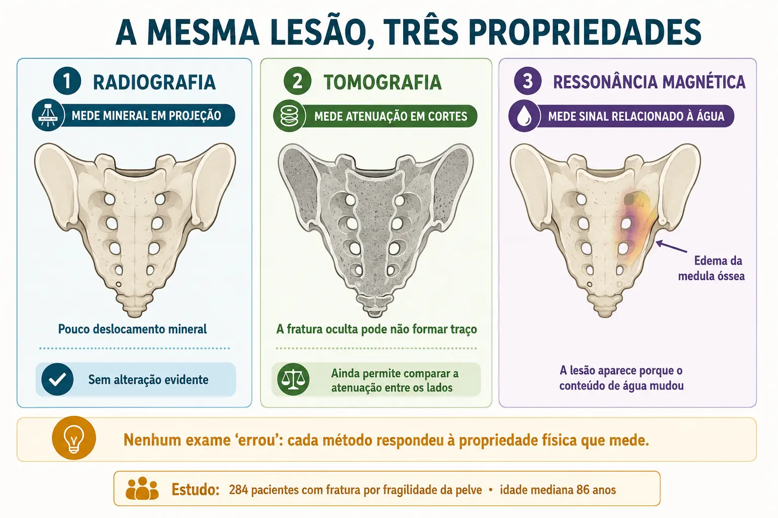 Três painéis com o mesmo sacro: sem alteração no raio X, sem traço na tomografia e com área de água destacada na ressonância.