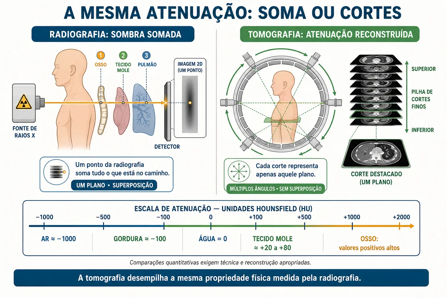 À esquerda o feixe somando estruturas num plano; à direita o feixe girando e a pilha de cortes, com a régua de atenuação embaixo.
