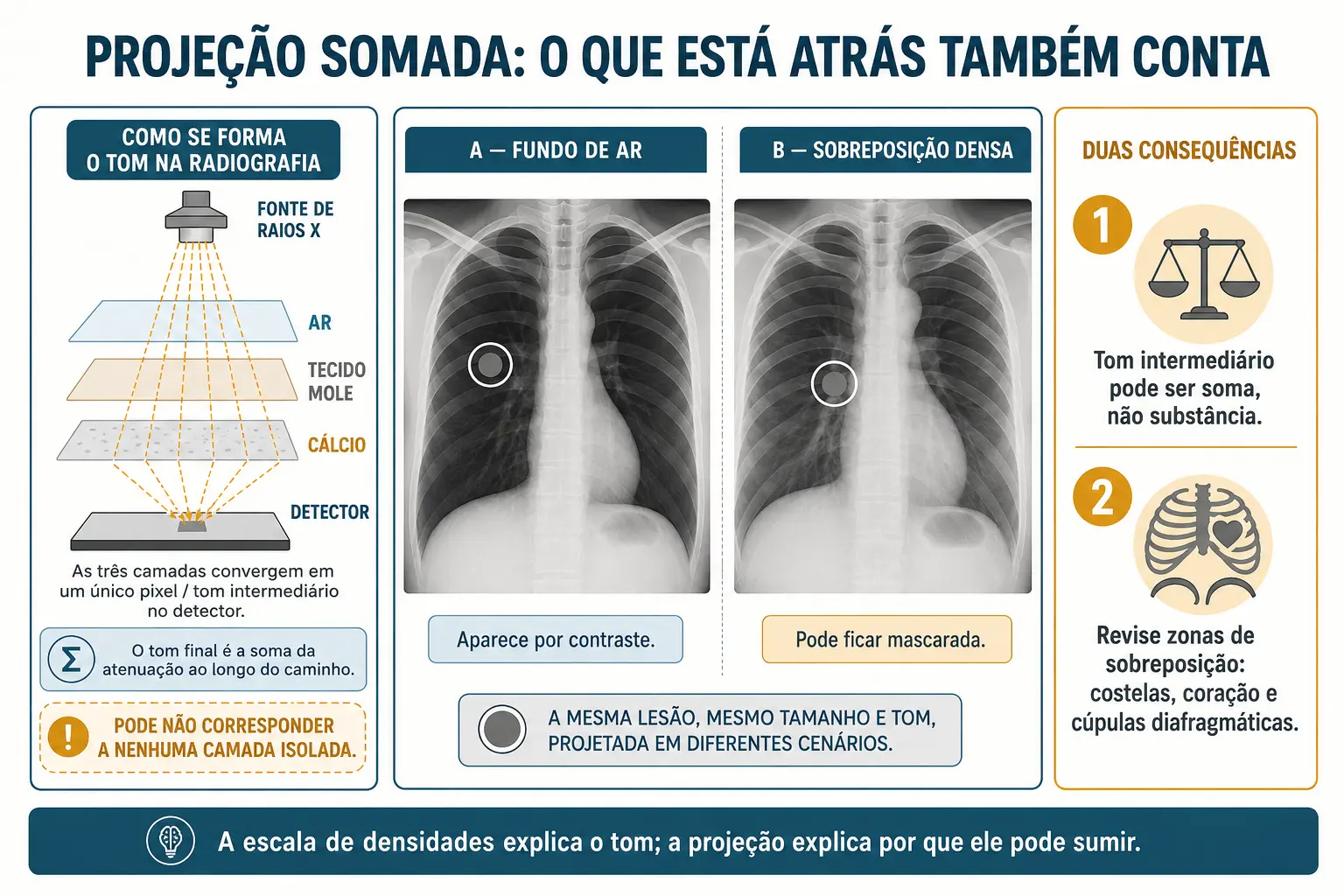 Feixe atravessando três camadas e produzindo um tom somado, e a mesma lesão visível sobre pulmão e invisível atrás da costela e do coração.