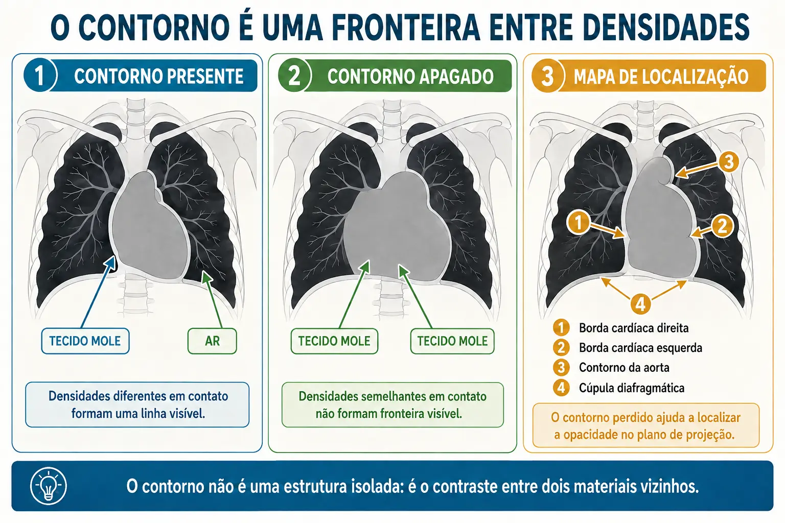Três esquemas: contorno nítido entre água e ar, contorno apagado entre água e água, e mapa dos contornos torácicos.