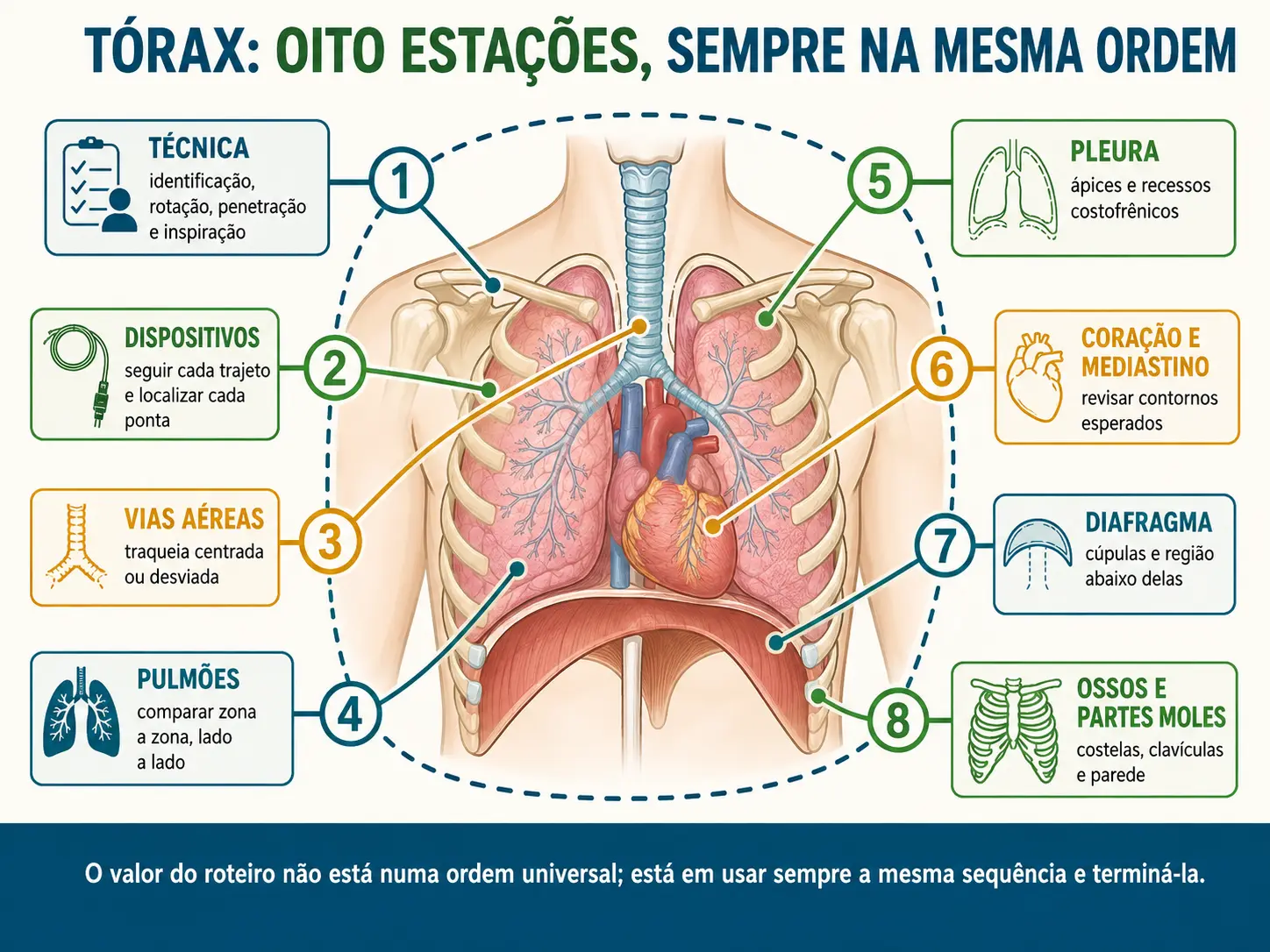 Esquema de radiografia de tórax com oito marcadores numerados ligados por linha tracejada, da técnica aos ossos e partes moles.
