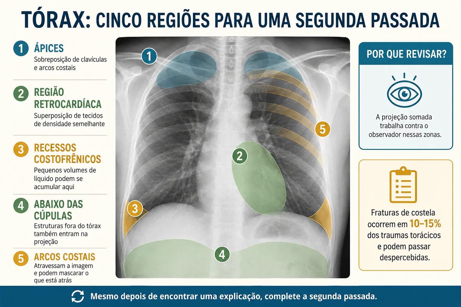 Esquema de tórax com cinco regiões sombreadas: ápices, retrocardíaca, recessos, abaixo do diafragma e arcos costais.