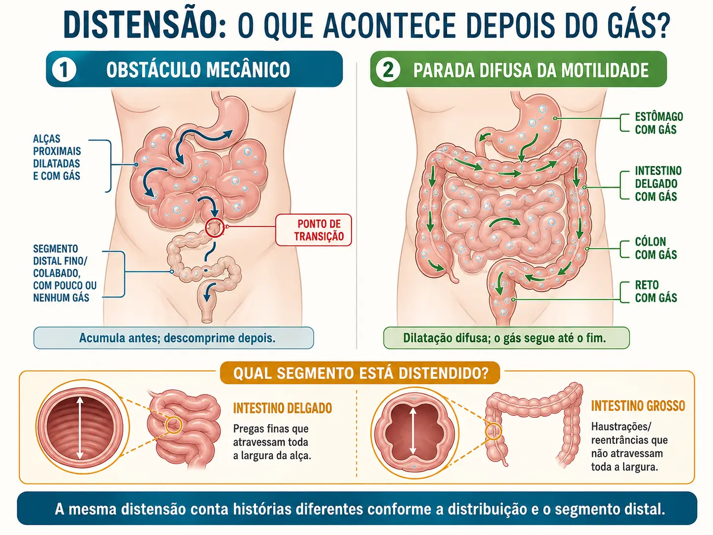 Duas colunas com padrão de obstáculo mecânico e de parada de motilidade, e ampliações da parede do delgado e do grosso.