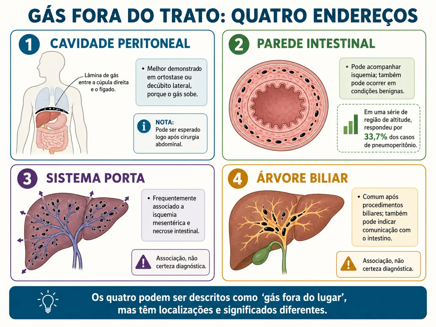 Quatro quadros com gás na cavidade peritoneal, na parede intestinal, nas veias do sistema porta e na árvore biliar.