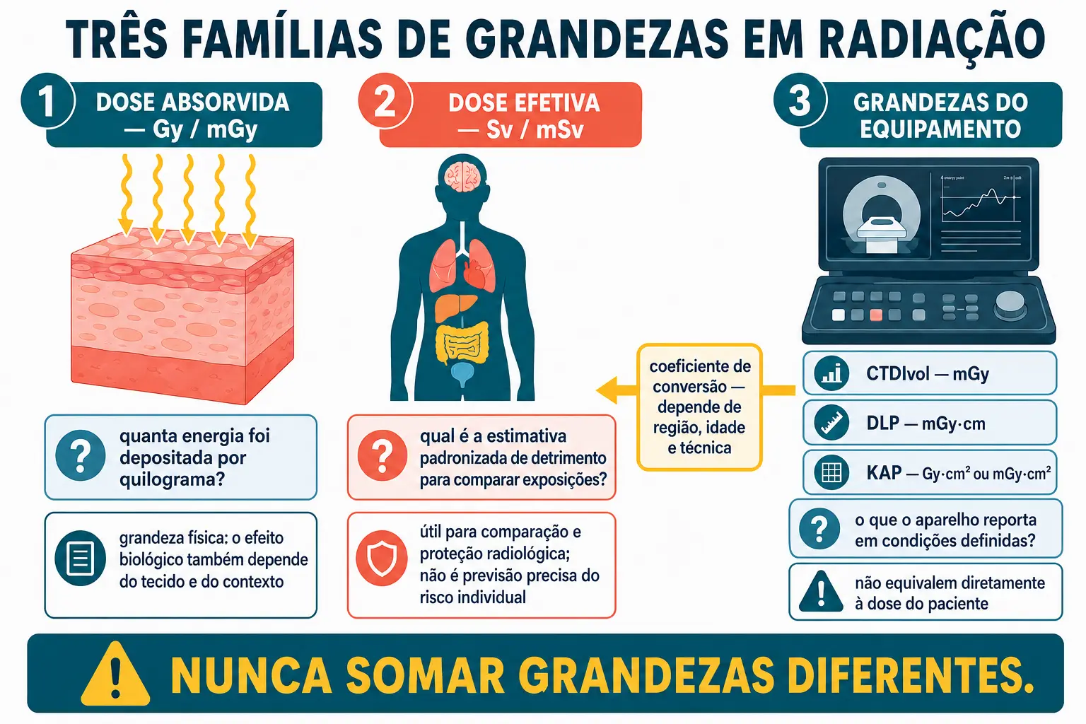 Três colunas comparando dose absorvida, dose efetiva e grandezas de máquina, com a pergunta que cada uma responde.