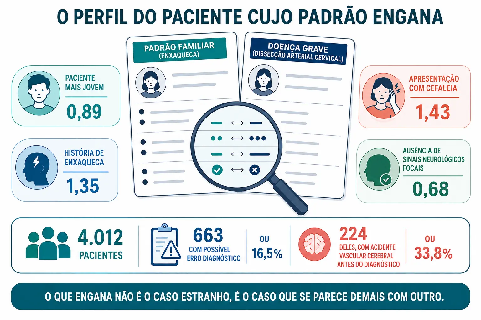 Duas fichas de doença quase sobrepostas com lupa nas diferenças, cercadas pelos fatores associados ao erro diagnóstico e seus valores.