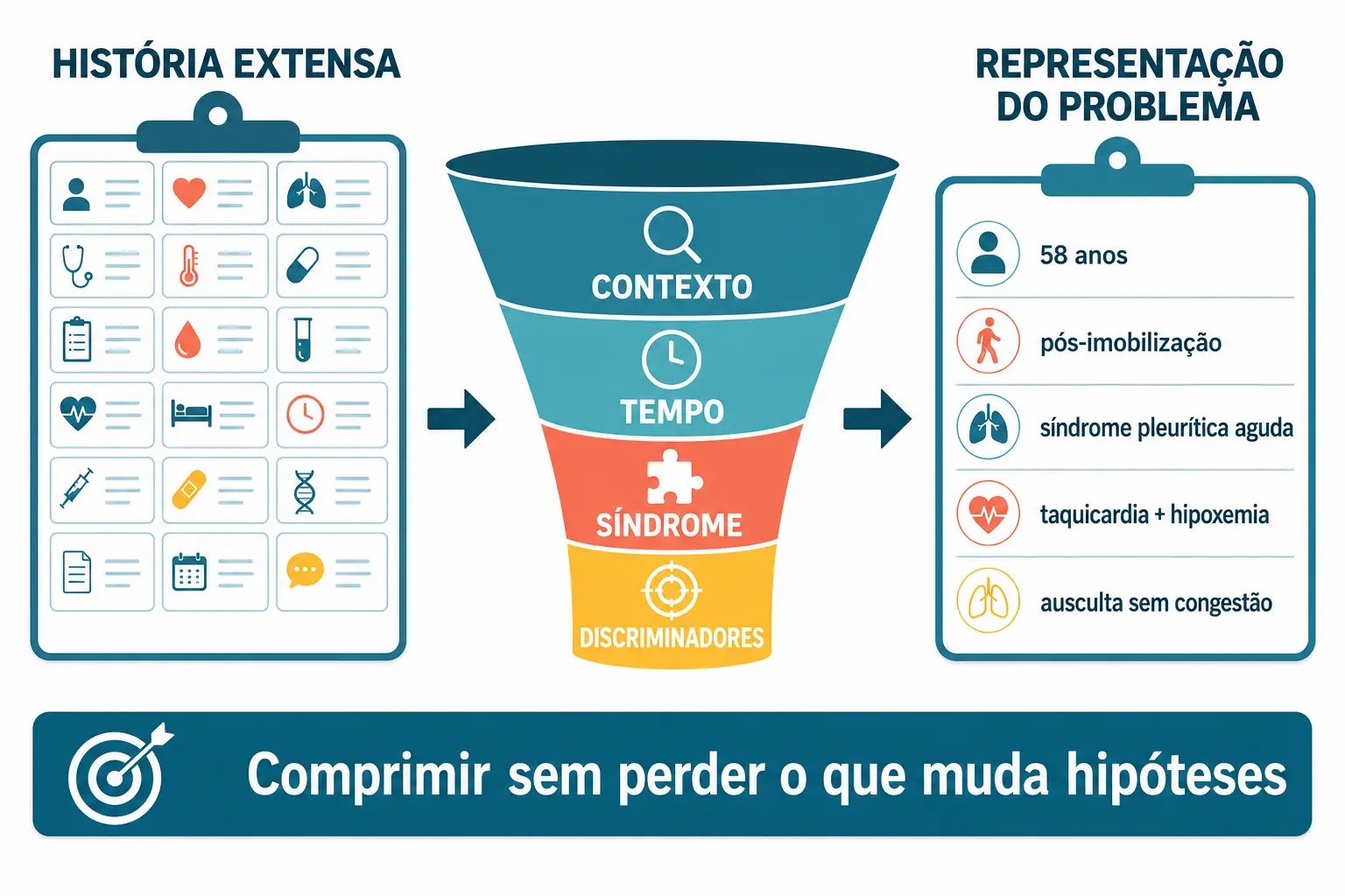 Funil que transforma uma narrativa extensa em uma representação clínica curta, preservando contexto, tempo, síndrome e discriminadores.