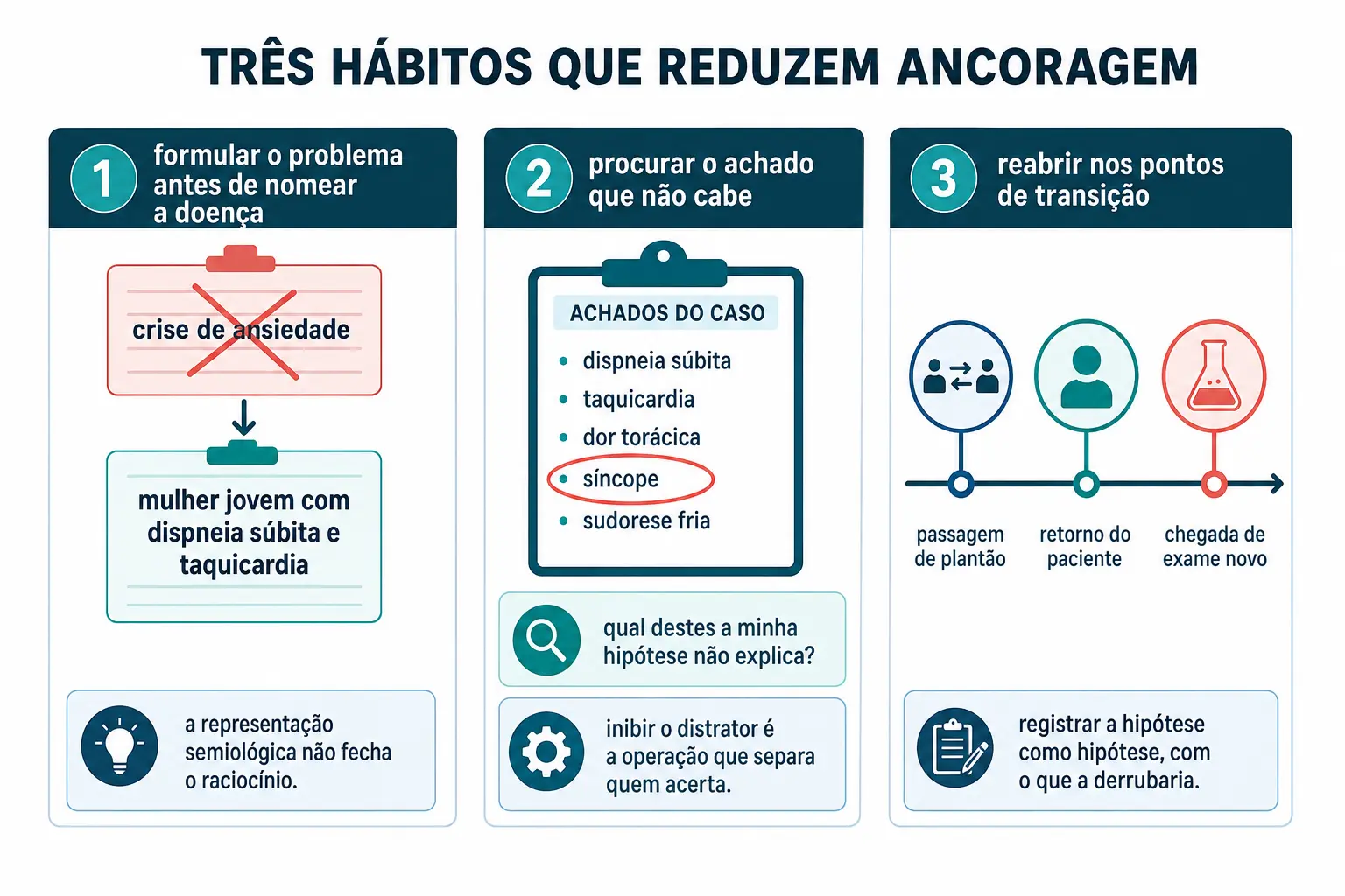 Três colunas com os hábitos de formular o problema, procurar o achado discordante e reabrir nas transições.
