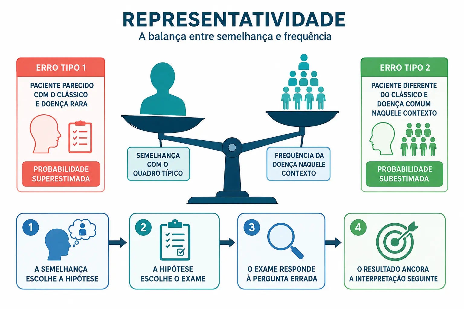 Balança em que a semelhança pesa mais que a frequência, com os dois erros simétricos e o encadeamento até o exame escolhido.