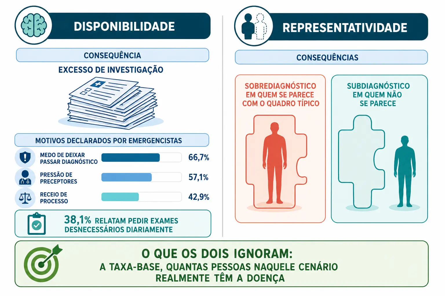 Duas colunas com as consequências da disponibilidade e da representatividade, unidas por uma faixa sobre a taxa-base ignorada.