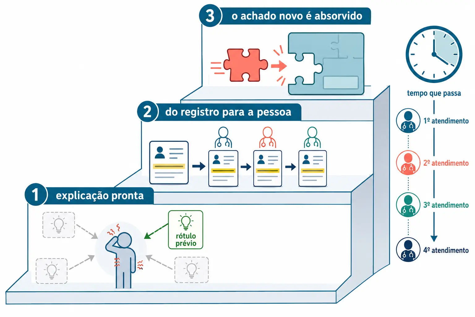 Escada de três degraus mostrando o rótulo virando explicação pronta, migrando para a pessoa e absorvendo o achado novo.