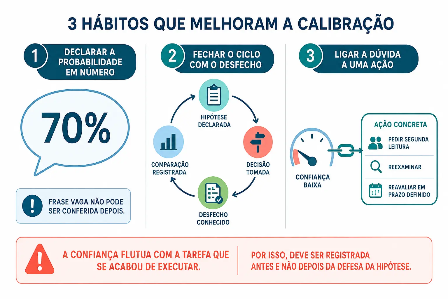 Três colunas com os hábitos de declarar probabilidade, fechar o ciclo com o desfecho e ligar a dúvida a uma ação.