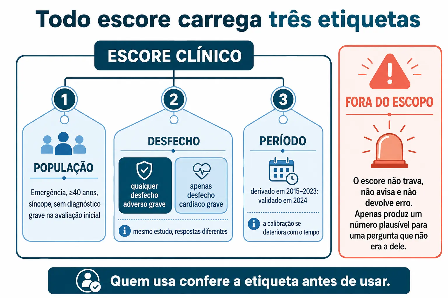 Caixa de escore com etiquetas de população, desfecho e período, e alerta sobre o uso fora do escopo.