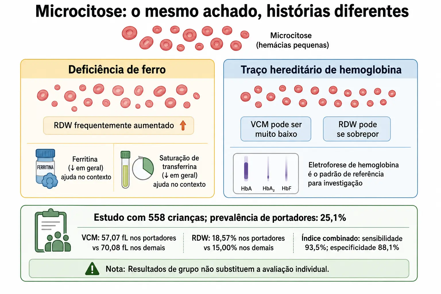 Um mesmo achado de hemácias pequenas se abrindo em duas causas, com os índices e valores que as separam.