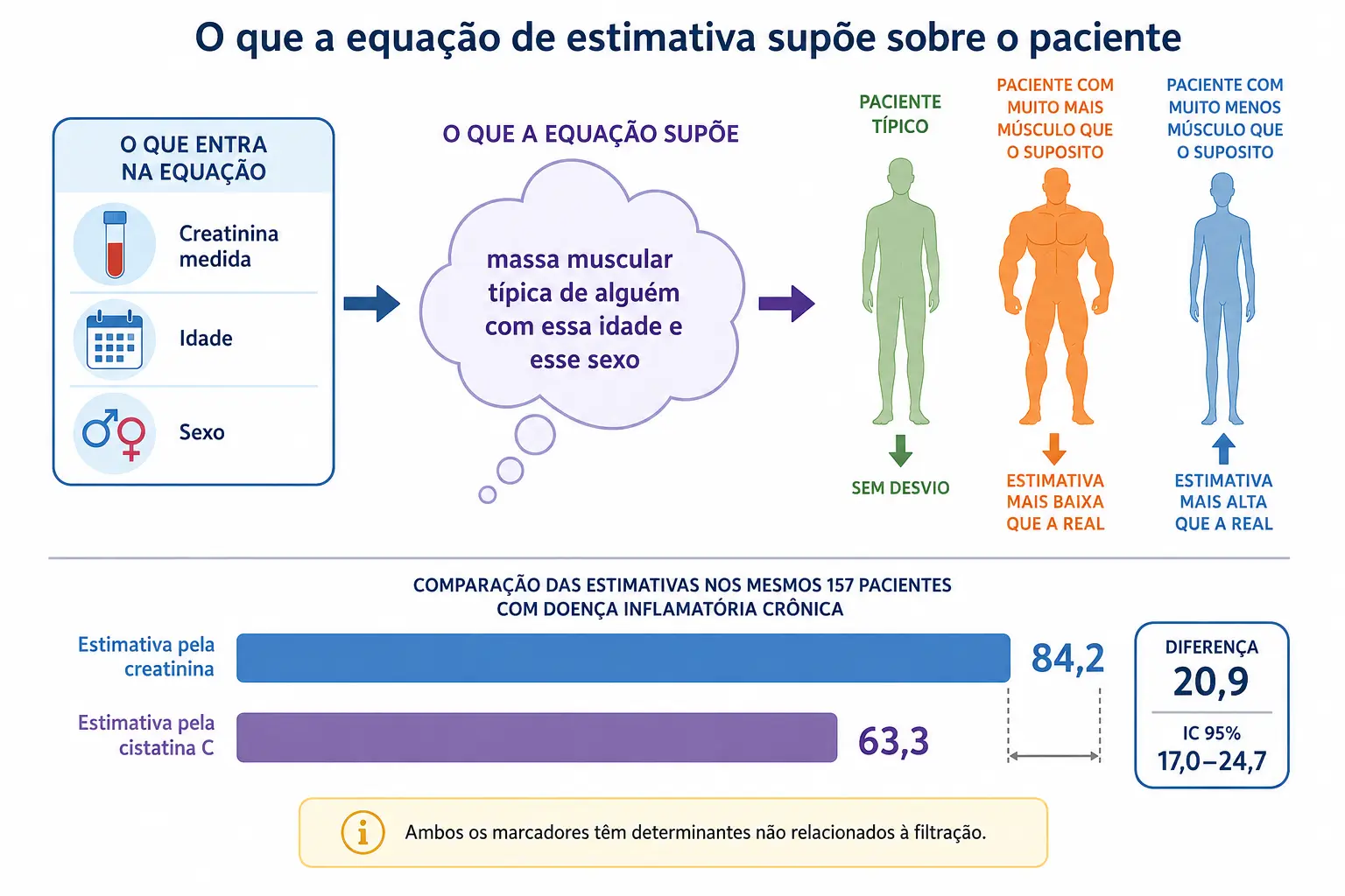 O que entra na equação, o que ela supõe e as três silhuetas com a direção do erro, com o par de estimativas medido.