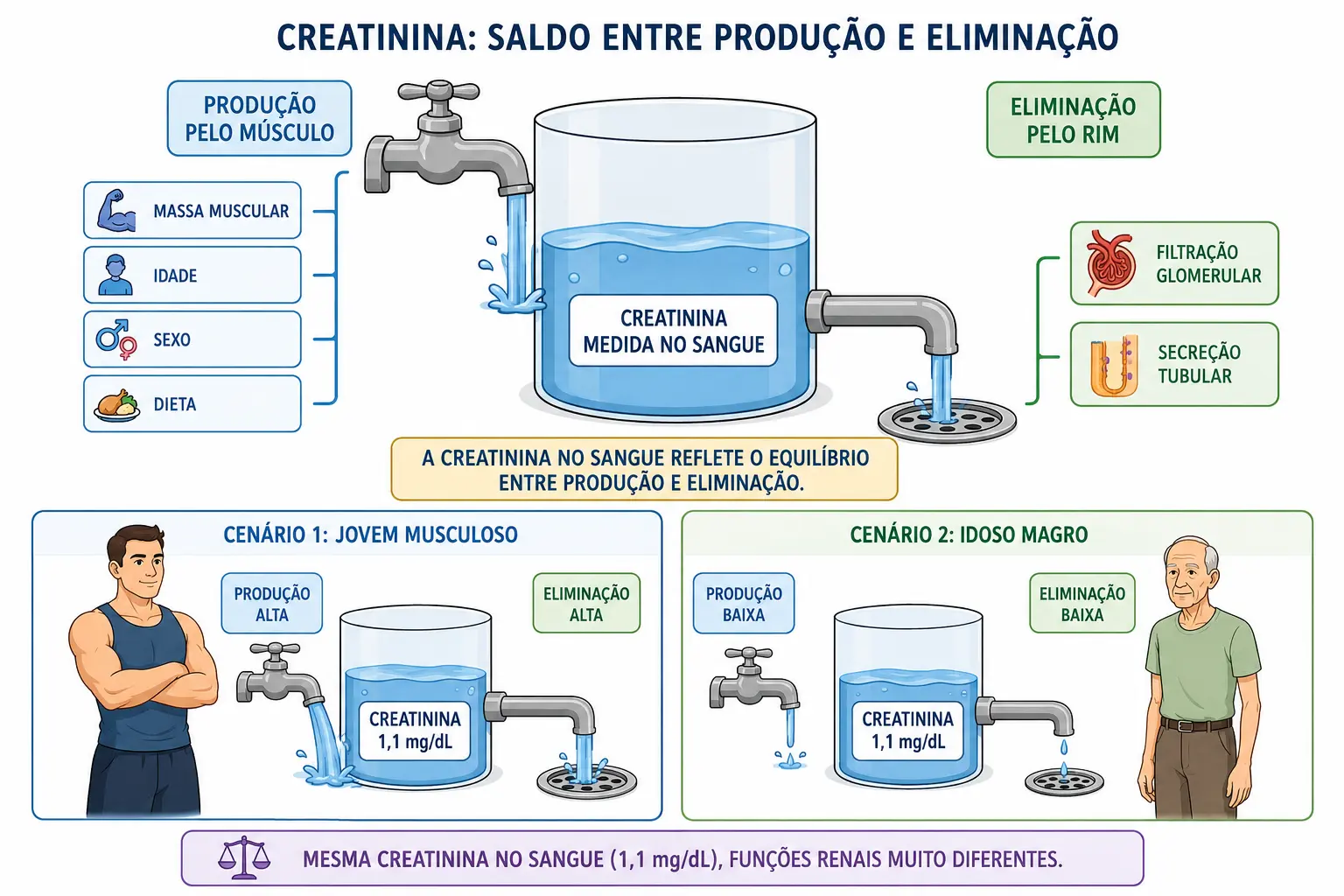 Recipiente com torneira de produção muscular e ralo de eliminação renal, com dois pacientes de mesmo nível e filtrações diferentes.