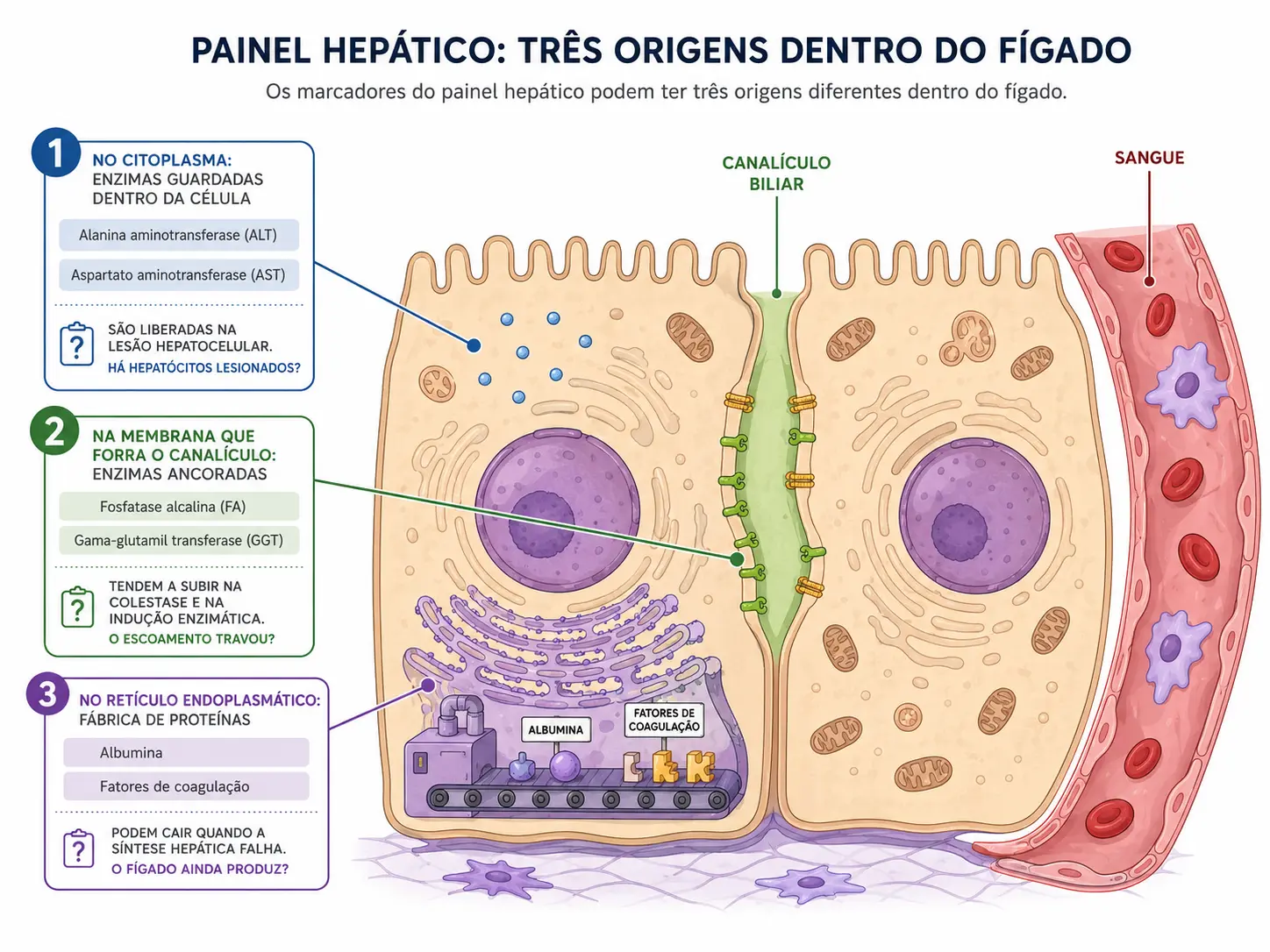 Dois hepatócitos em corte com três chaves numeradas: enzimas do citoplasma, enzimas da membrana canalicular e a fábrica de albumina e fatores.