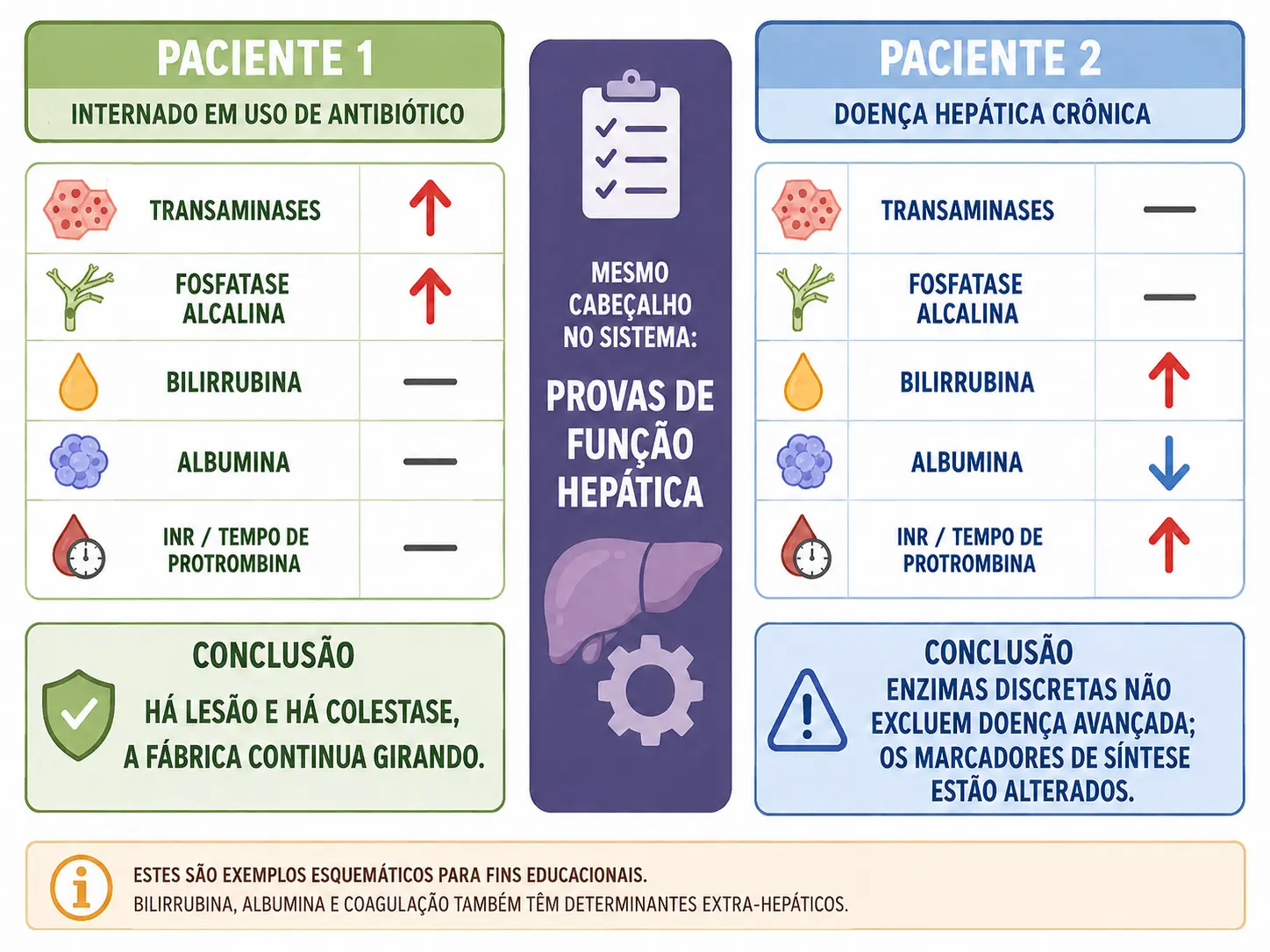 Duas colunas de laudo com setas opostas: enzimas altas com função intacta contra enzimas quase normais com função falhando.