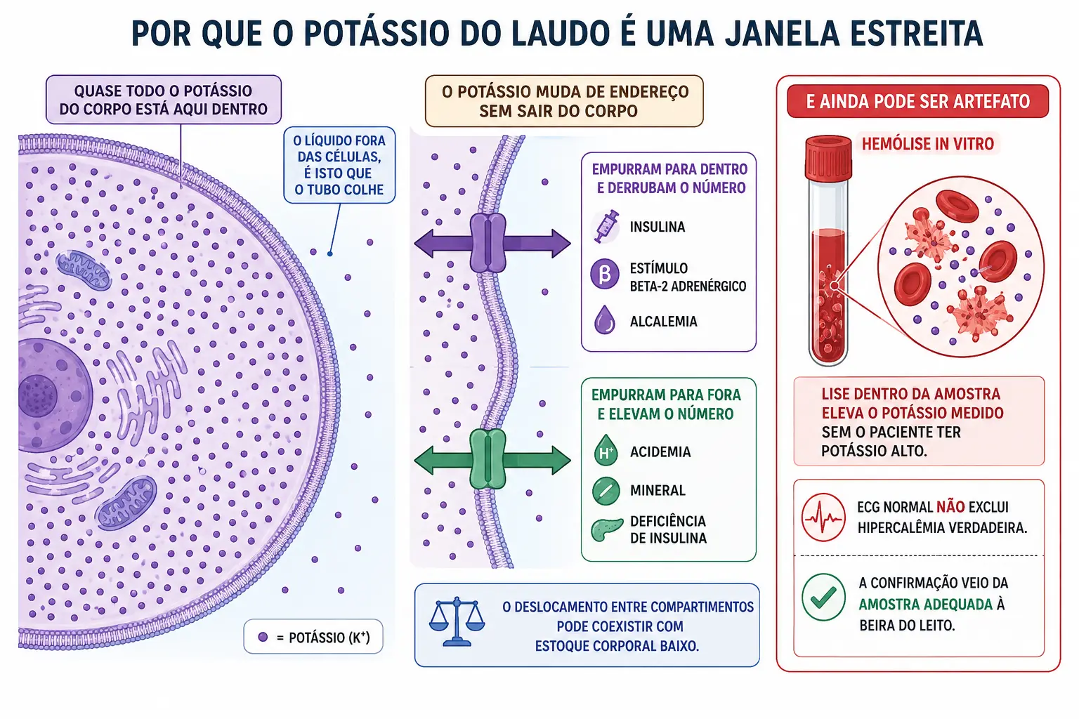 Célula com quase todo o potássio dentro, setas de troca através da membrana e um tubo com células rompidas elevando o valor medido.