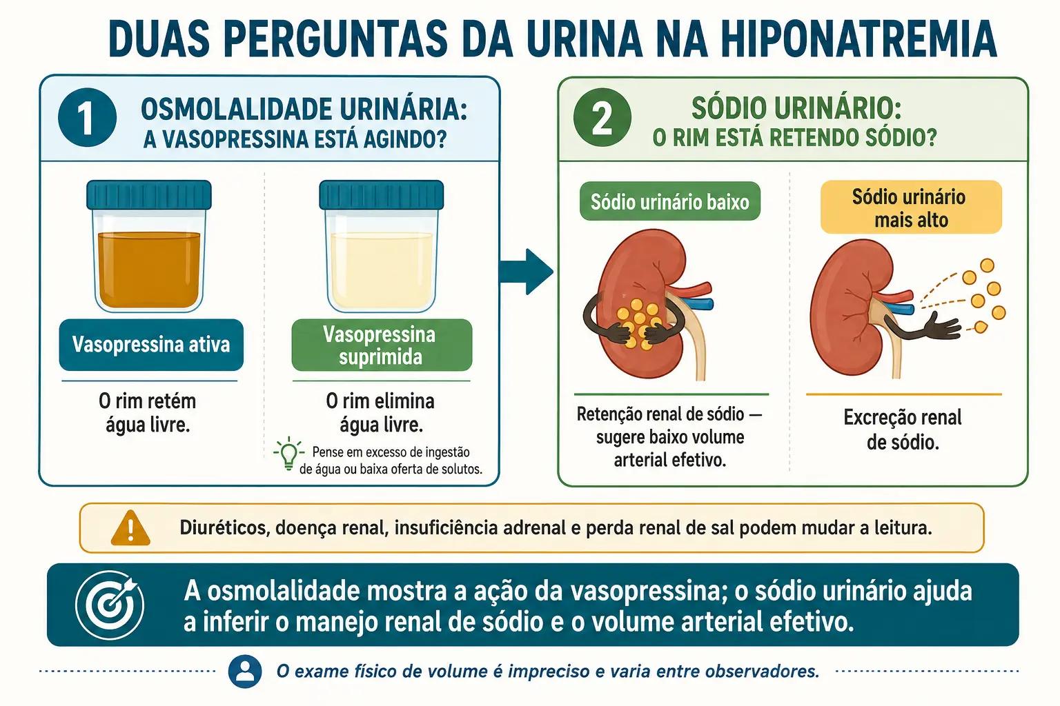 Duas caixas em sequência: osmolalidade urinária mostrando se o hormônio antidiurético age, e sódio urinário mostrando se o rim segura sódio.