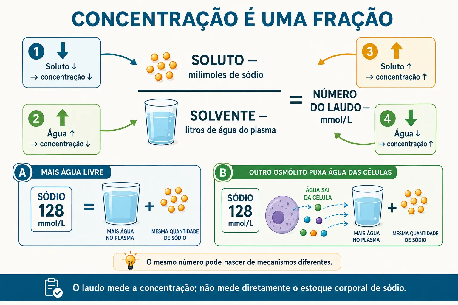 Fração com soluto em cima e água embaixo, quatro setas mostrando como o mesmo número cai por caminhos diferentes.