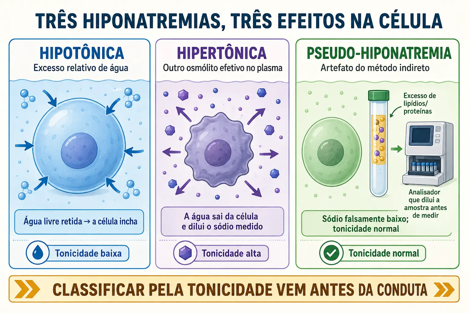 Três painéis com célula inchada, célula murcha e célula normal, ilustrando hiponatremia hipotônica, hipertônica e pseudo-hiponatremia.