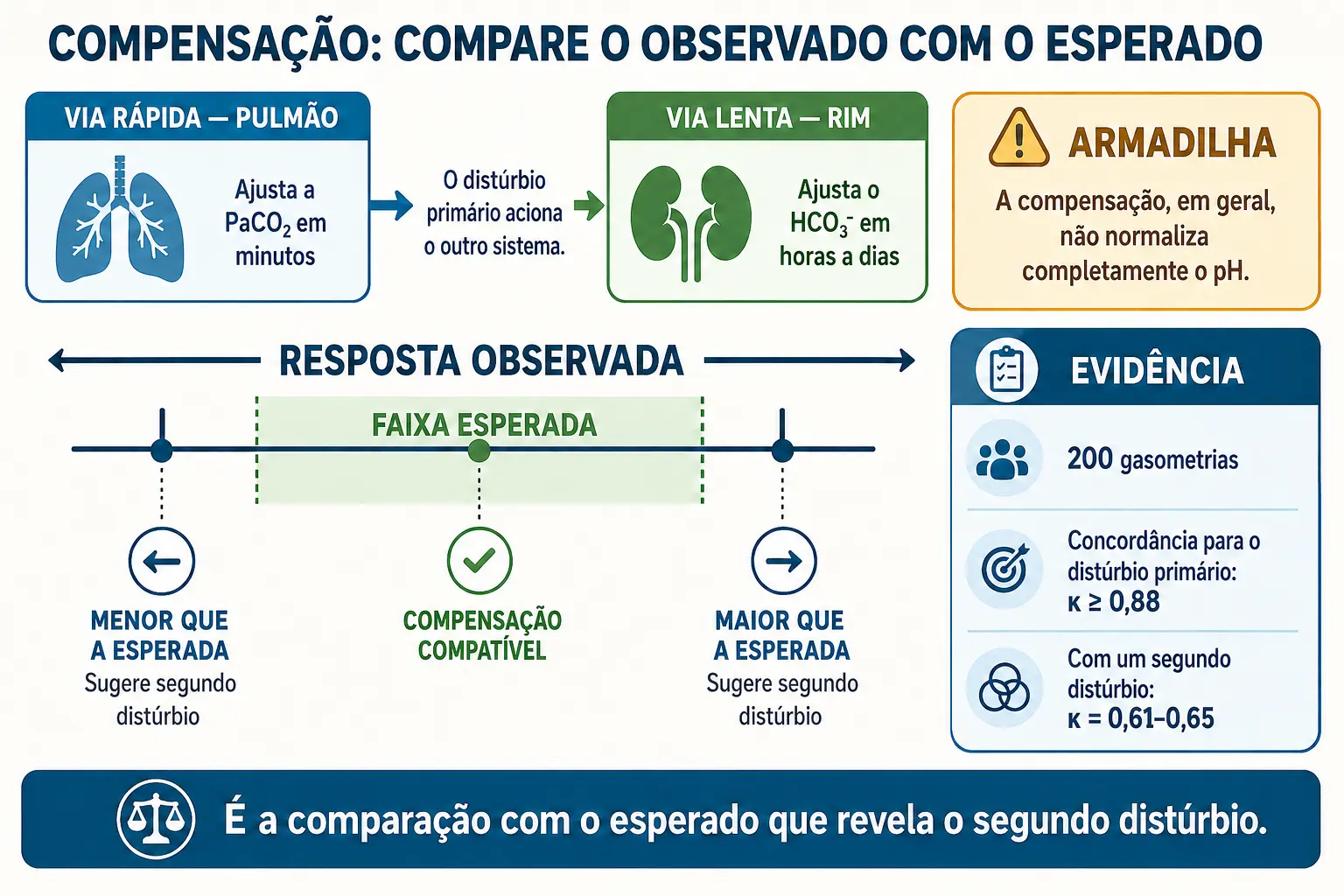 Eixo com faixa de resposta esperada e três marcadores mostrando quando a resposta observada denuncia um segundo distúrbio.