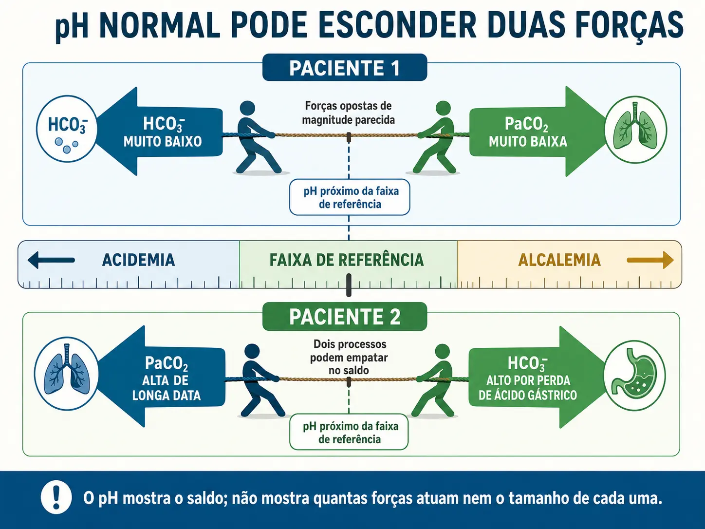 Régua de pH com dois cabos de guerra: forças opostas de tamanho parecido deixando o marcador parado no meio da faixa normal.