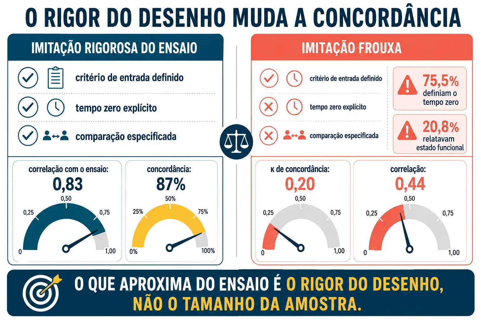 Comparação entre imitação rigorosa, com correlação 0,83 e concordância 87 por cento, e imitação frouxa, com kappa 0,20 e correlação 0,44.