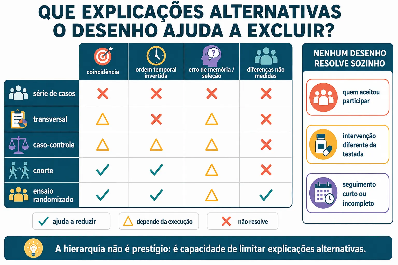 Grade cruzando cinco desenhos de estudo com quatro ameaças à validade, mostrando quais cada arranjo consegue excluir.